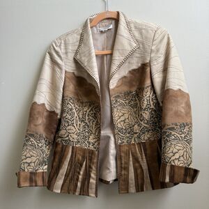 Coldwater Creek Open Faux Suede Jacket Womens Brown Green Boho Artsy Western 6